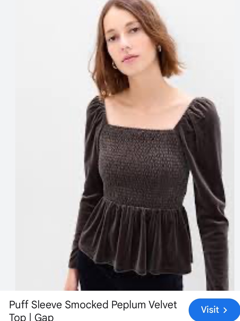 GAP Brown Velvet Puff Sleeve Smocked Peplum Top